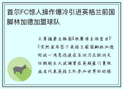 首尔FC惊人操作爆冷引进英格兰前国脚林加德加盟球队 首尔FC惊人操作爆冷引进英格兰前国脚林加德加盟球队